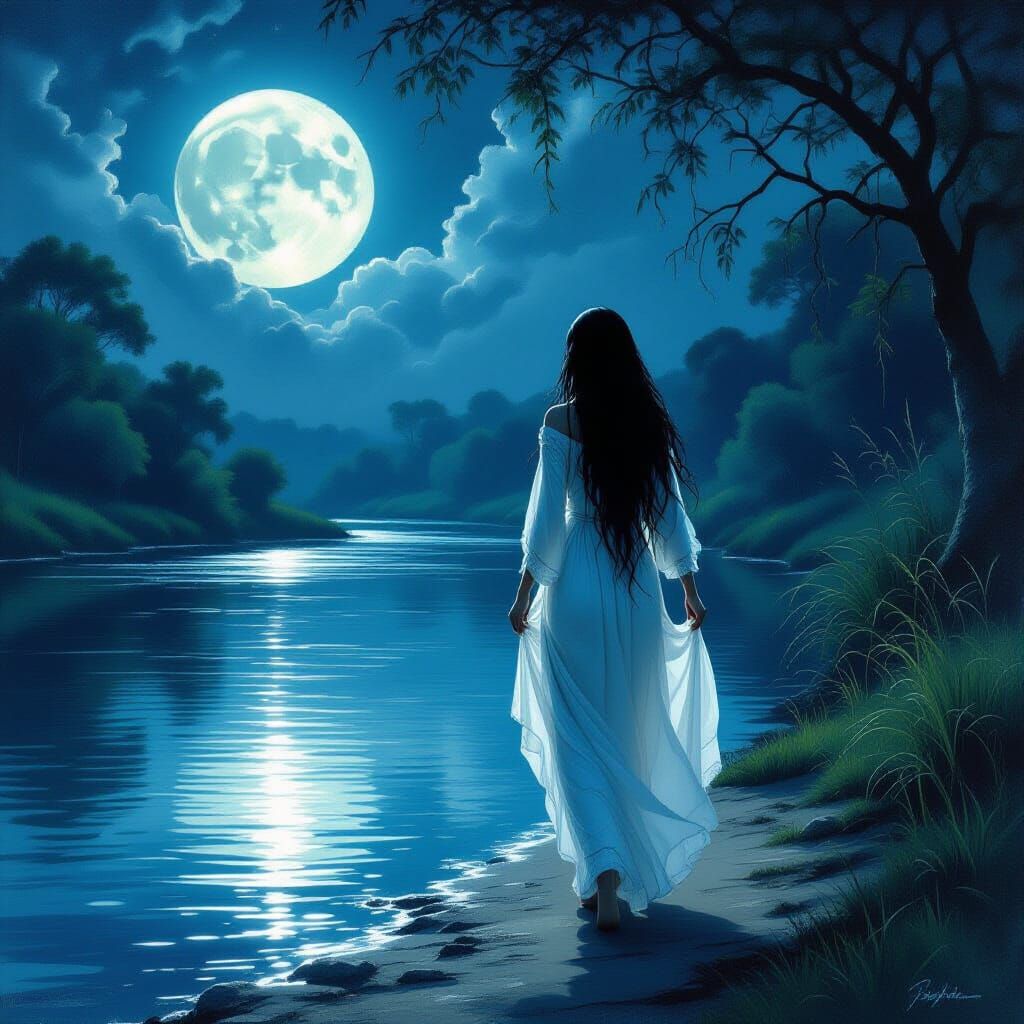 Siguanaba Emerges from Moonlit River in Painterly Style