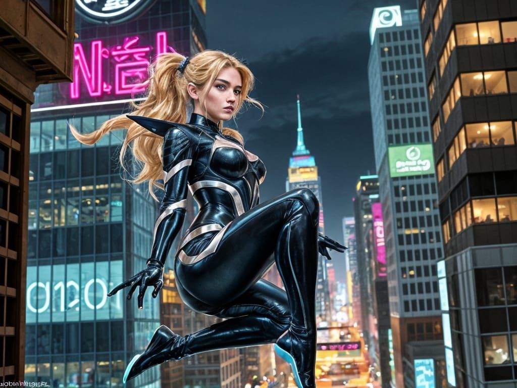 Elf Superhero Soaring Through Cyberpunk Cityscape