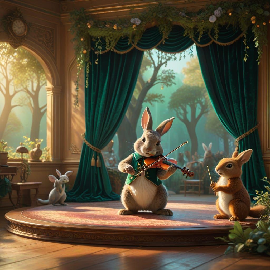 Whimsical Rabbit Plays Violin on Enchanted Stage