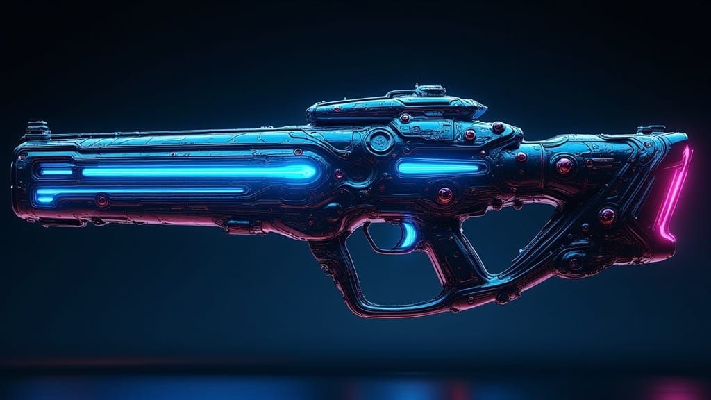 Cyberpunk Sci-Fi Rifle in Neon-Lit Futuristic Setting