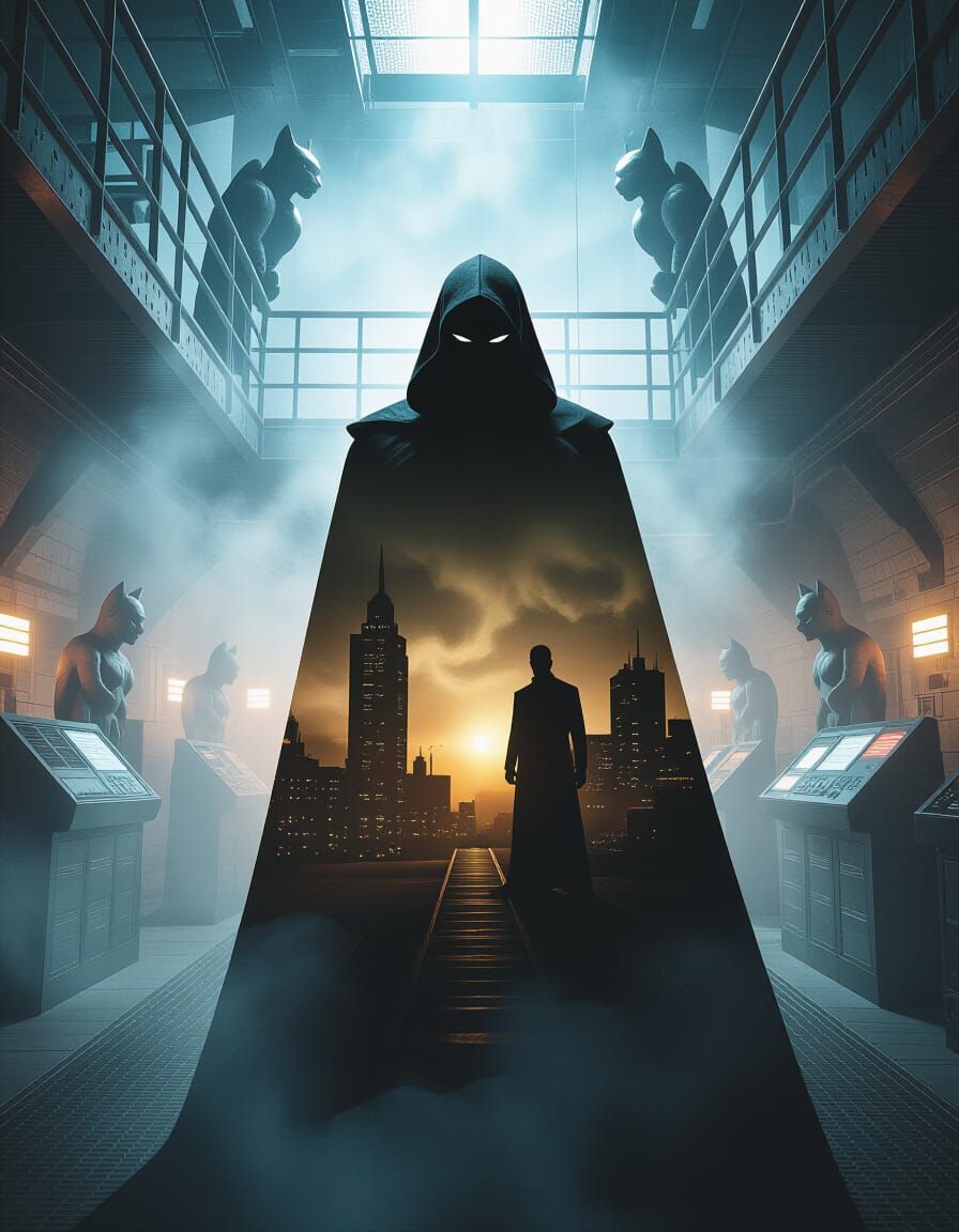 Supervillain Silhouette Merging With Lair In Digital Art