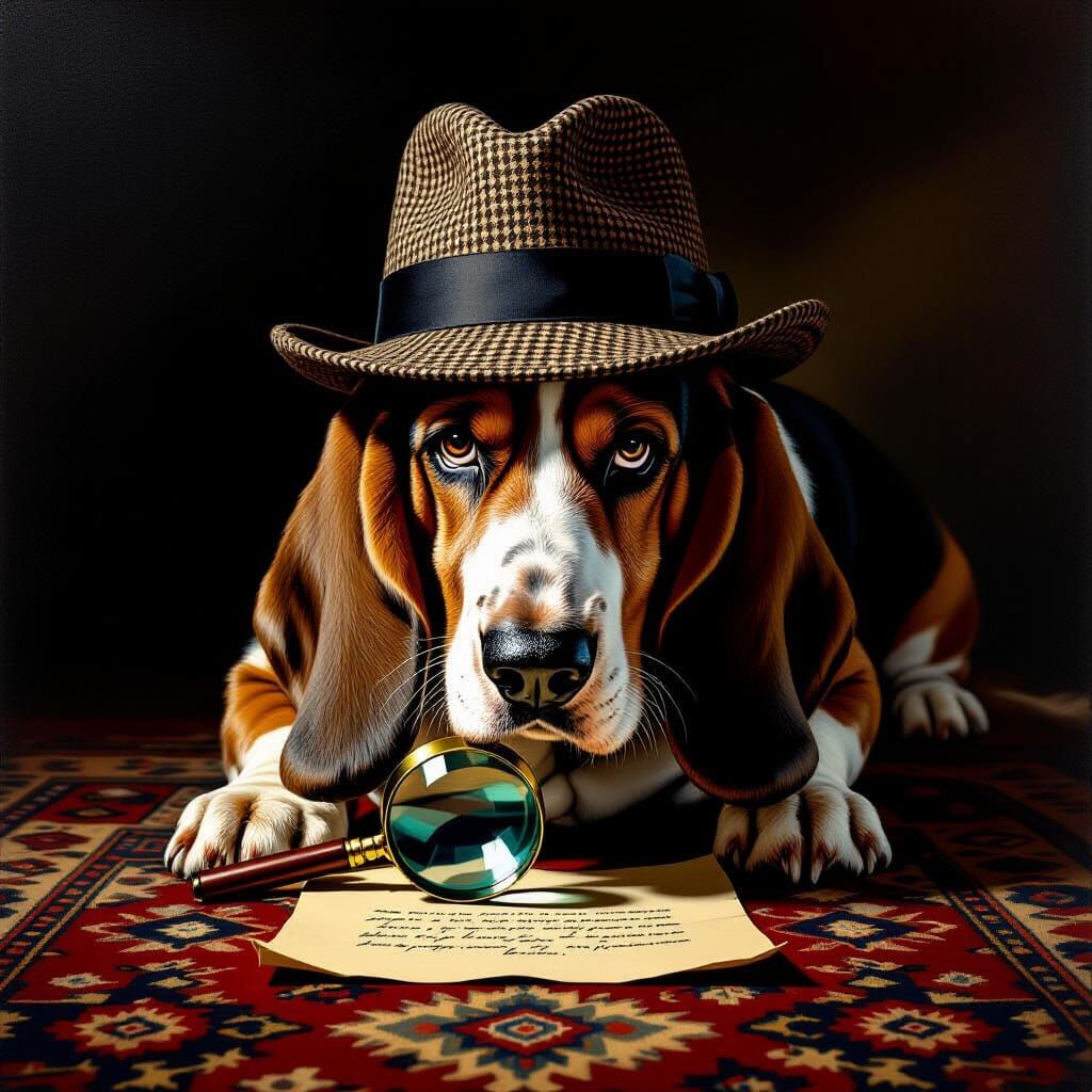 Basset Hound Detective Inspects Clue on Vintage Rug