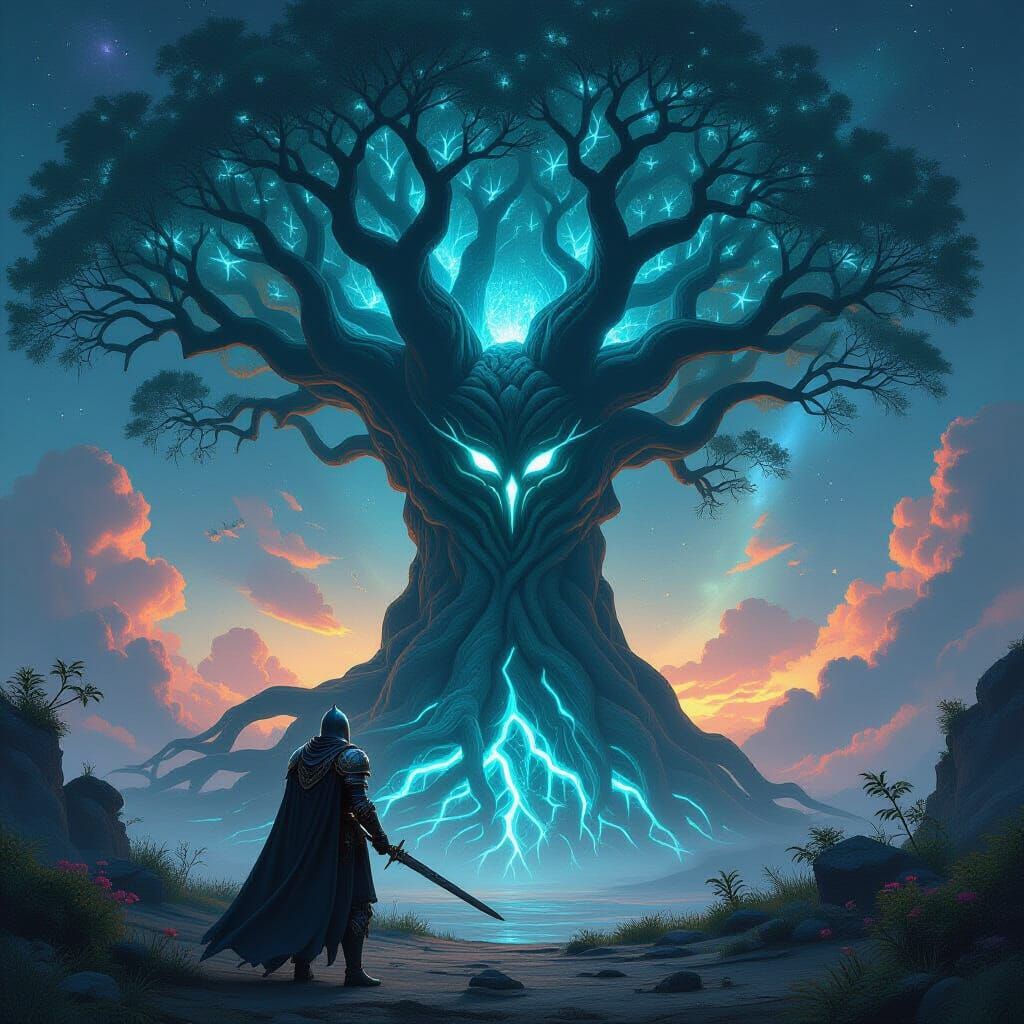 Knight Before Bioluminescent Tree Under Nebula Sky