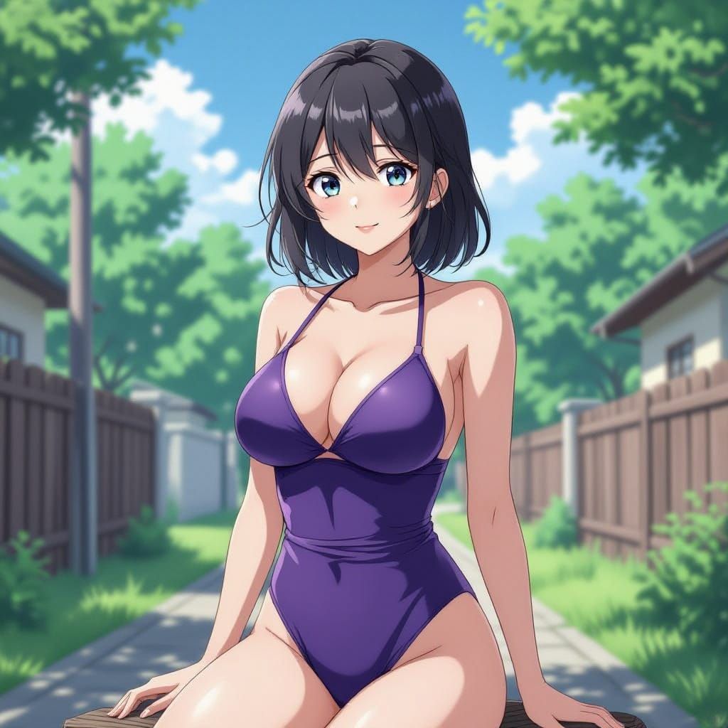 Anime Girl in Violet Bikini, Short Black Hair, Large Hips, T...