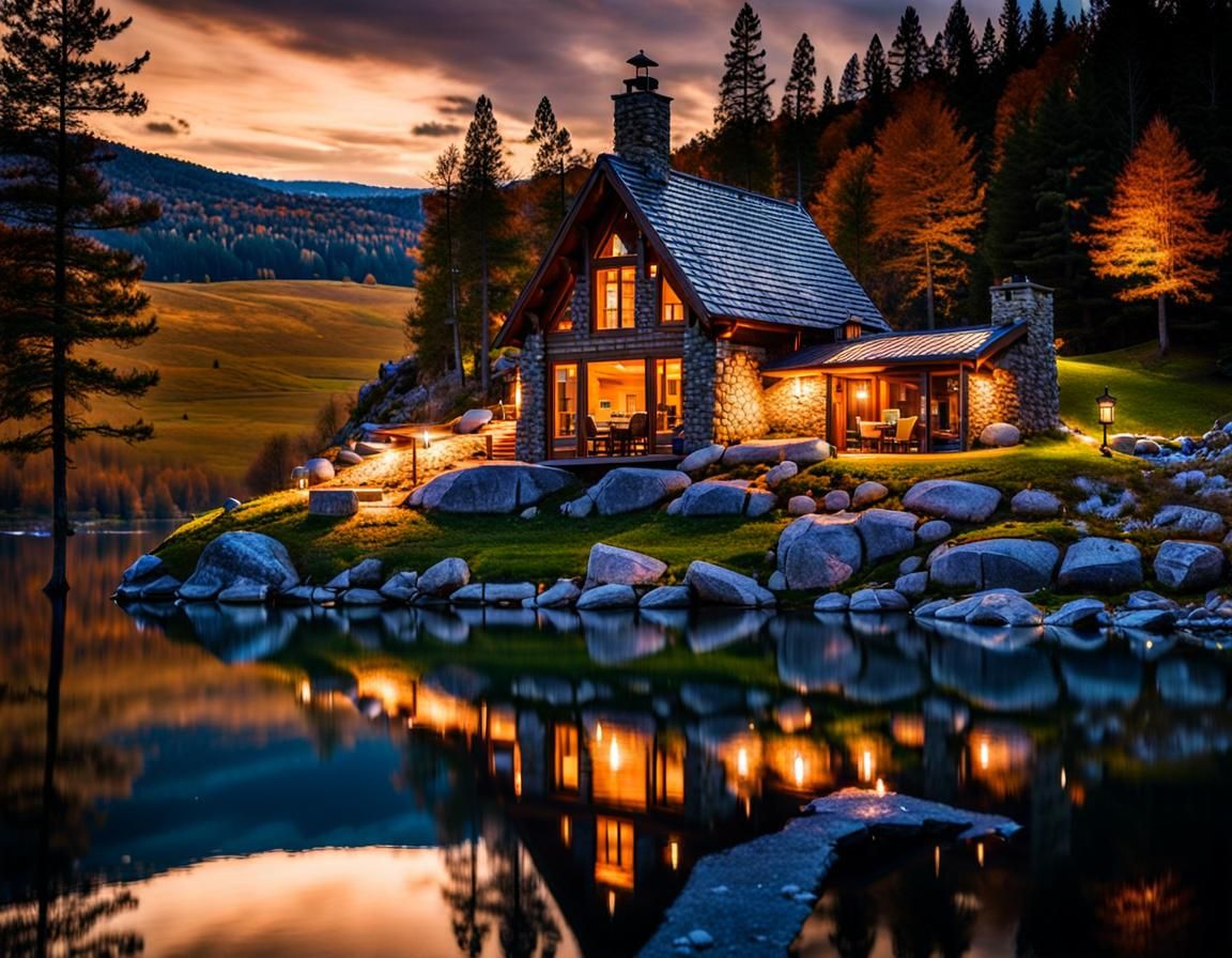 Cabin Engraved in Stone Hill by Lake