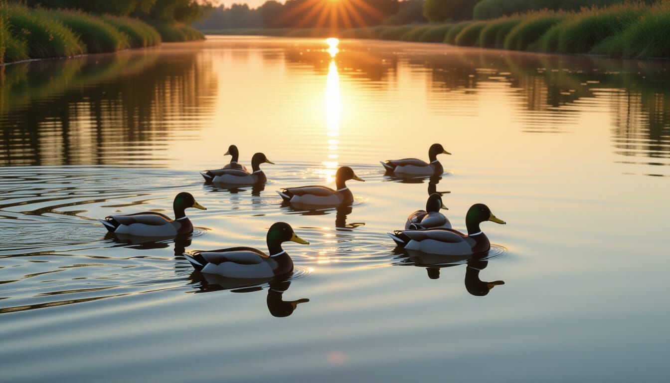Ducks in Flight Over River at Sunset