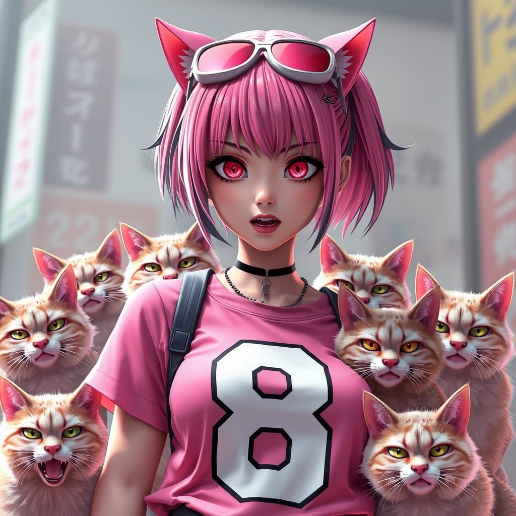 Angry Punk Girl Surrounded by Fierce Felines in Vibrant Pink