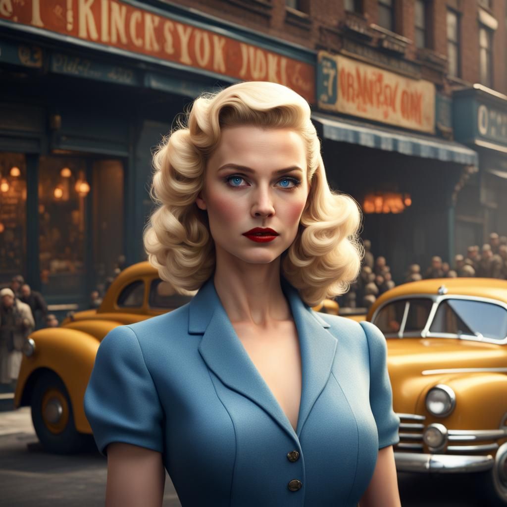 Blonde Woman in 1940s New York: Detailed Matte Painting