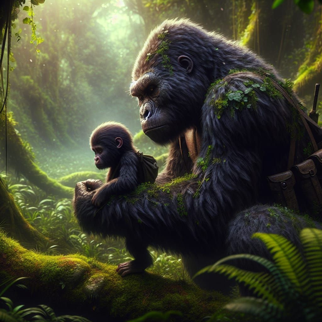 Protective Mother Gorilla in Lush Matte Painting