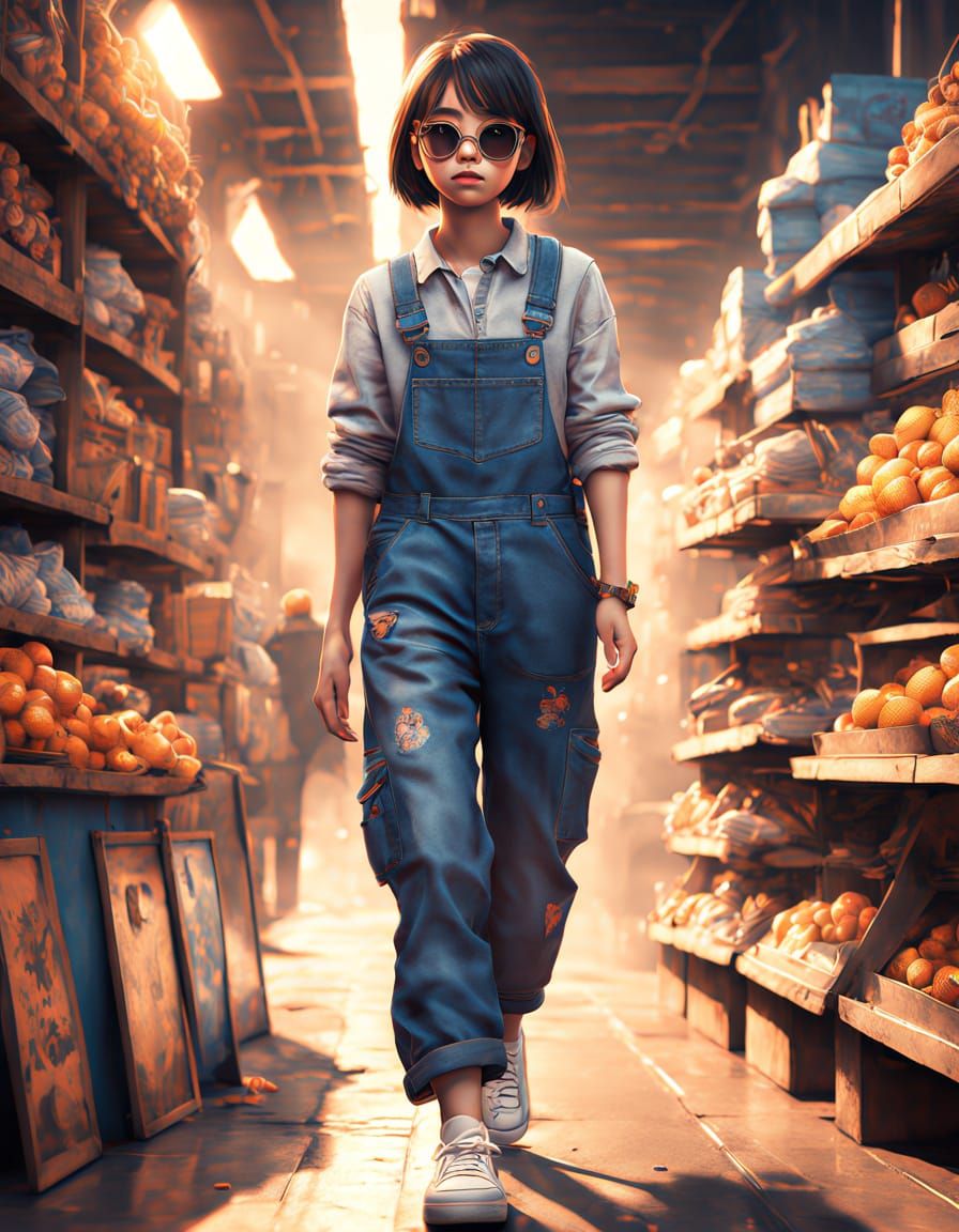 Vintage Cartoon Girl in Denim Overalls, Pixar Style