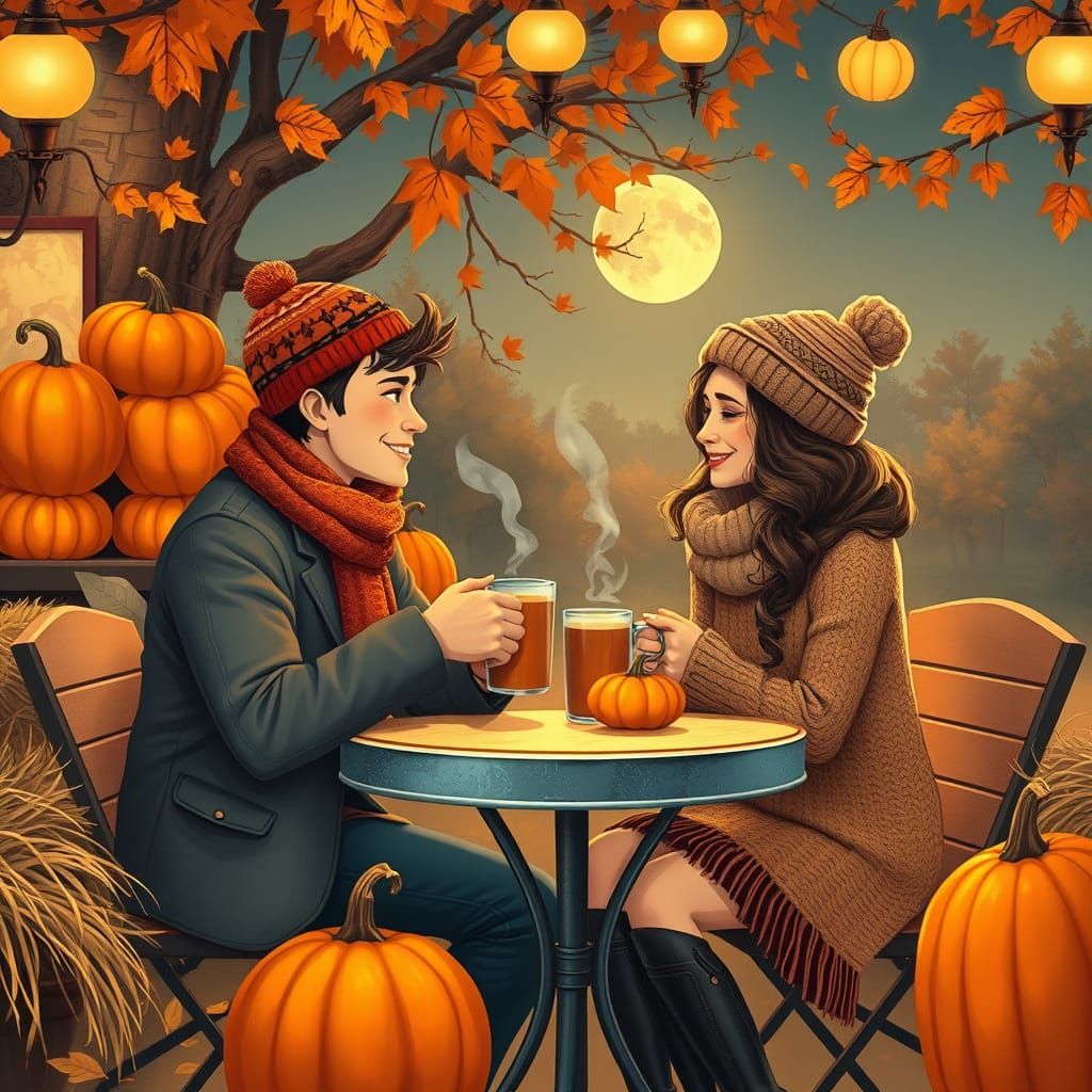 Autumn Cafe Scene with Couple in Retro-Futuristic Style