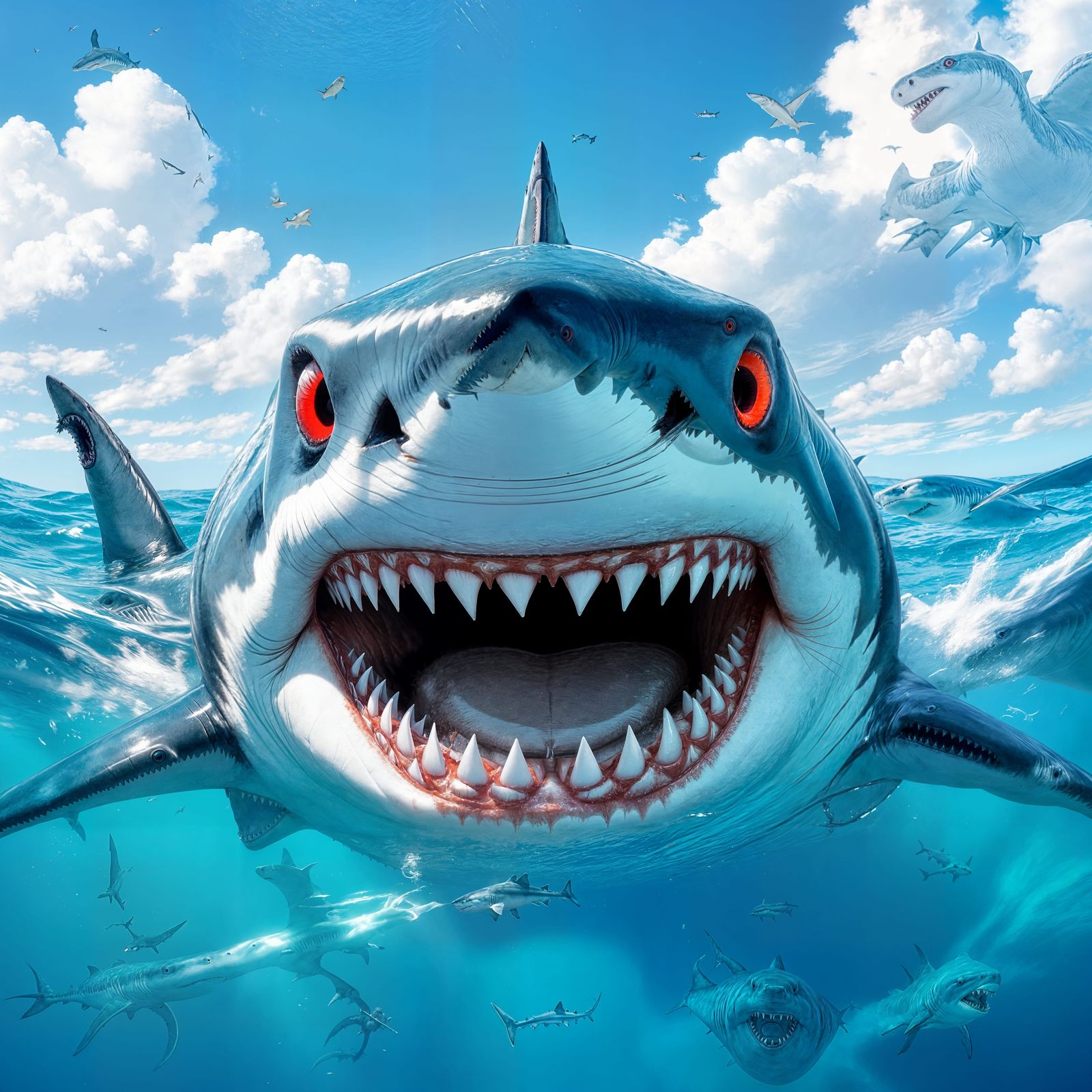 Ferocious Shark with Fiery Eyes in Blue Water