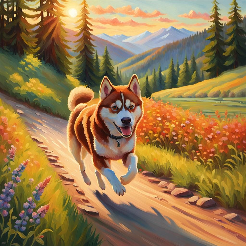 Siberian Husky Runs Through Impressionist Valley