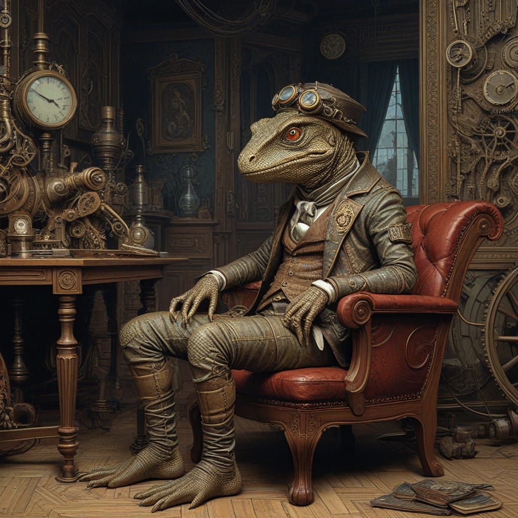 Surreal Steampunk Lizards in Industrial Cyberpunk Hellscape