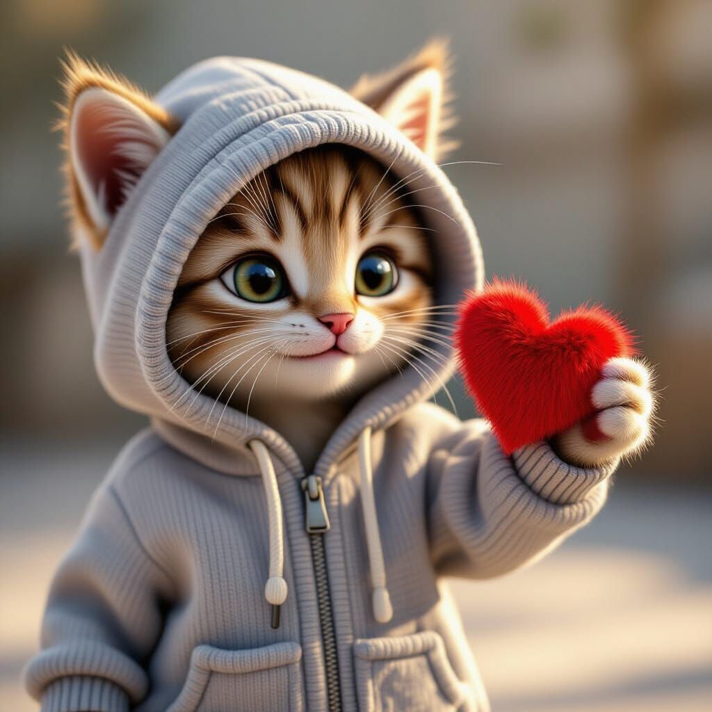 Adorable Kitten Offers Red Heart in 3D Pixar-Style Render