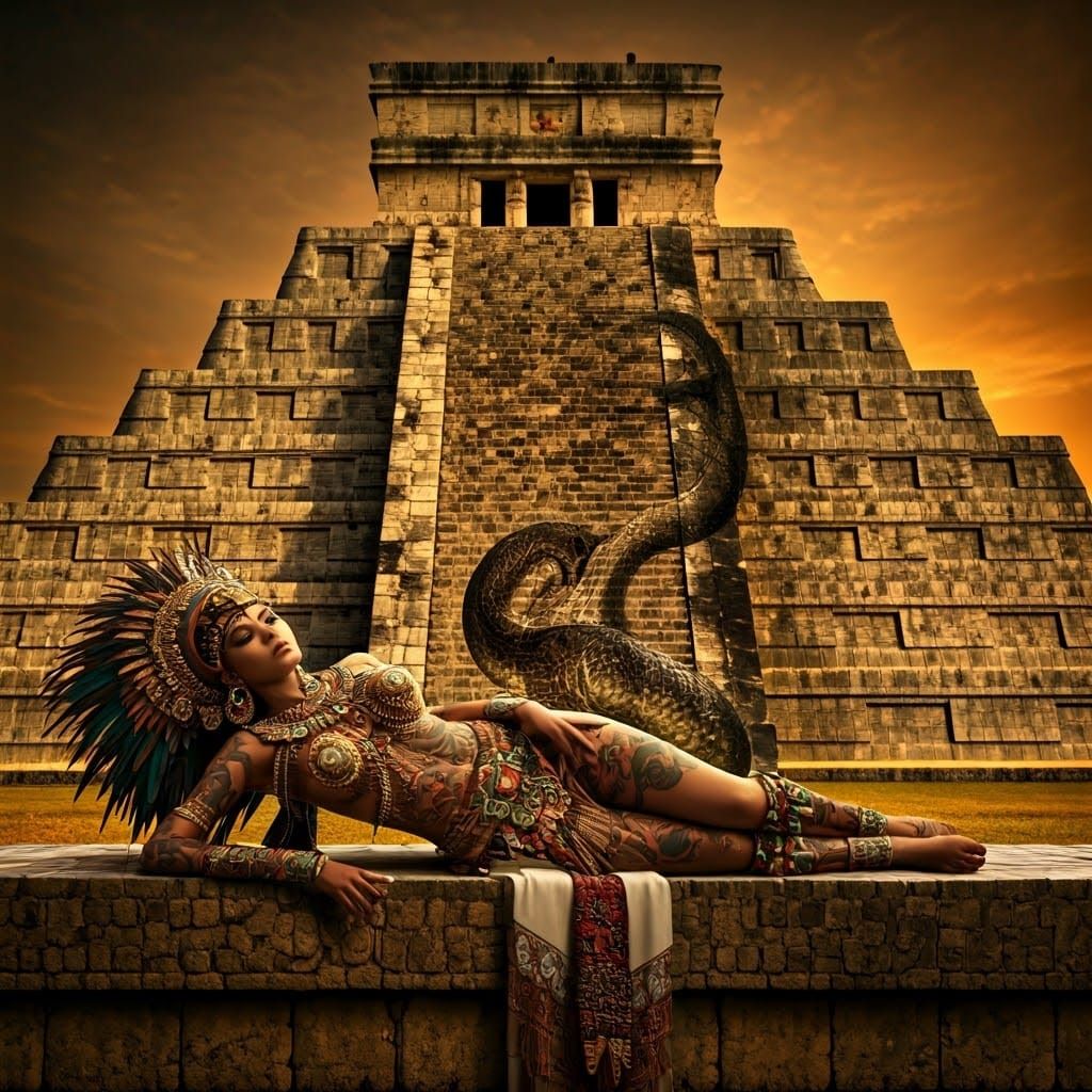Aztec Priestess with Serpent in Golden Light
