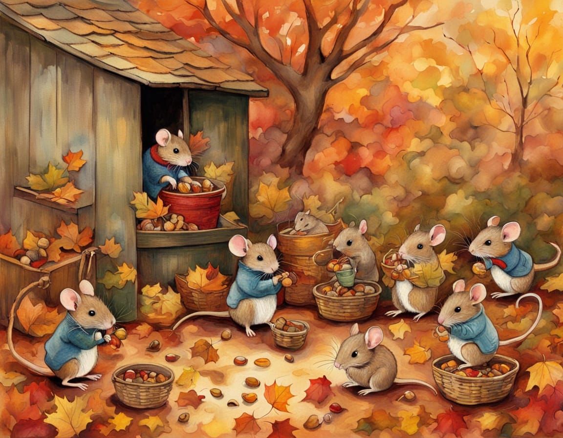 Adorable Mice Family Gathers Acorns in Autumn Foliage