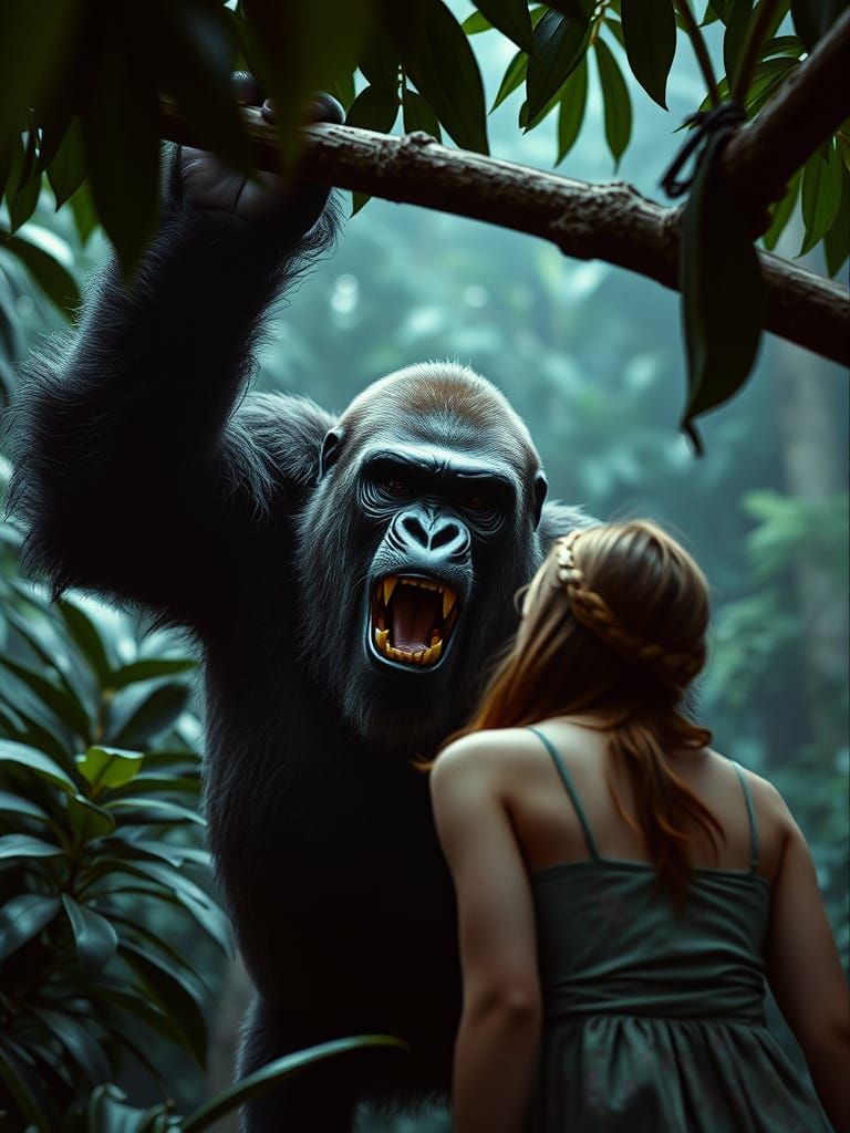 Furious Gorilla Confronts Woman, Cinematic Film Still