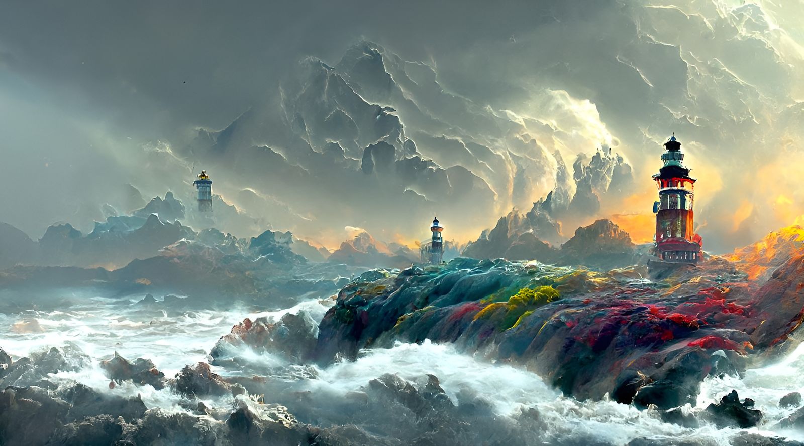 Lighthouse in Ocean Storm: Romanticism Waterscape
