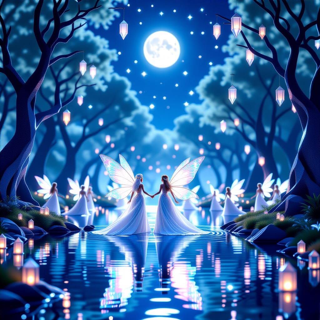Moonlit Fairy Glade with Dancing Fairies and Crystal Lantern...