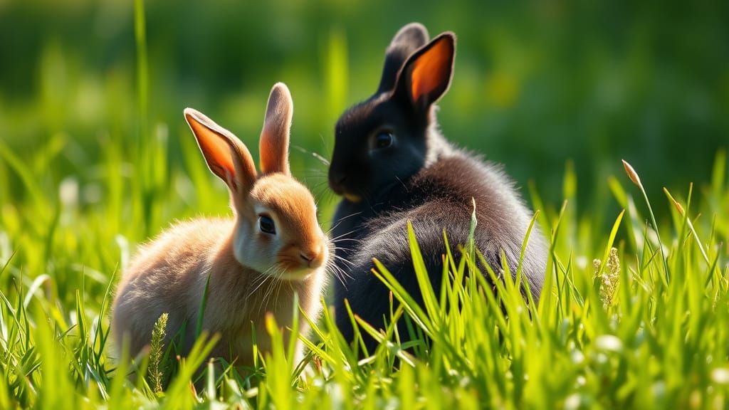 Brown and Black Bunnies in Sunny Field, Storybook Style