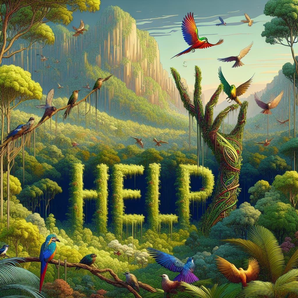 Tropical Birds Form 'HELP' in Lush Forest