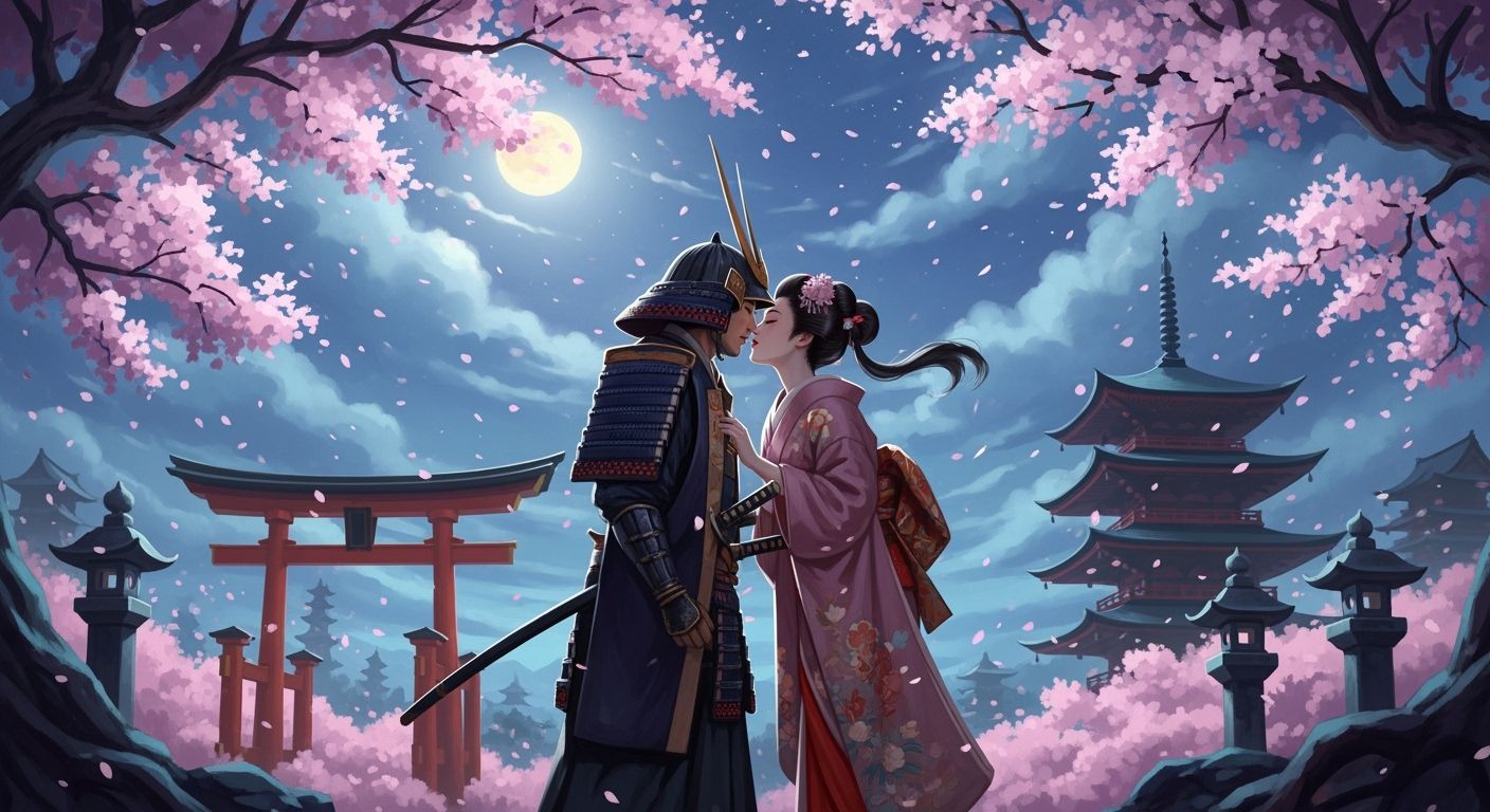 Romantic Kiss Under Sakura Trees in Ukiyo-e Style