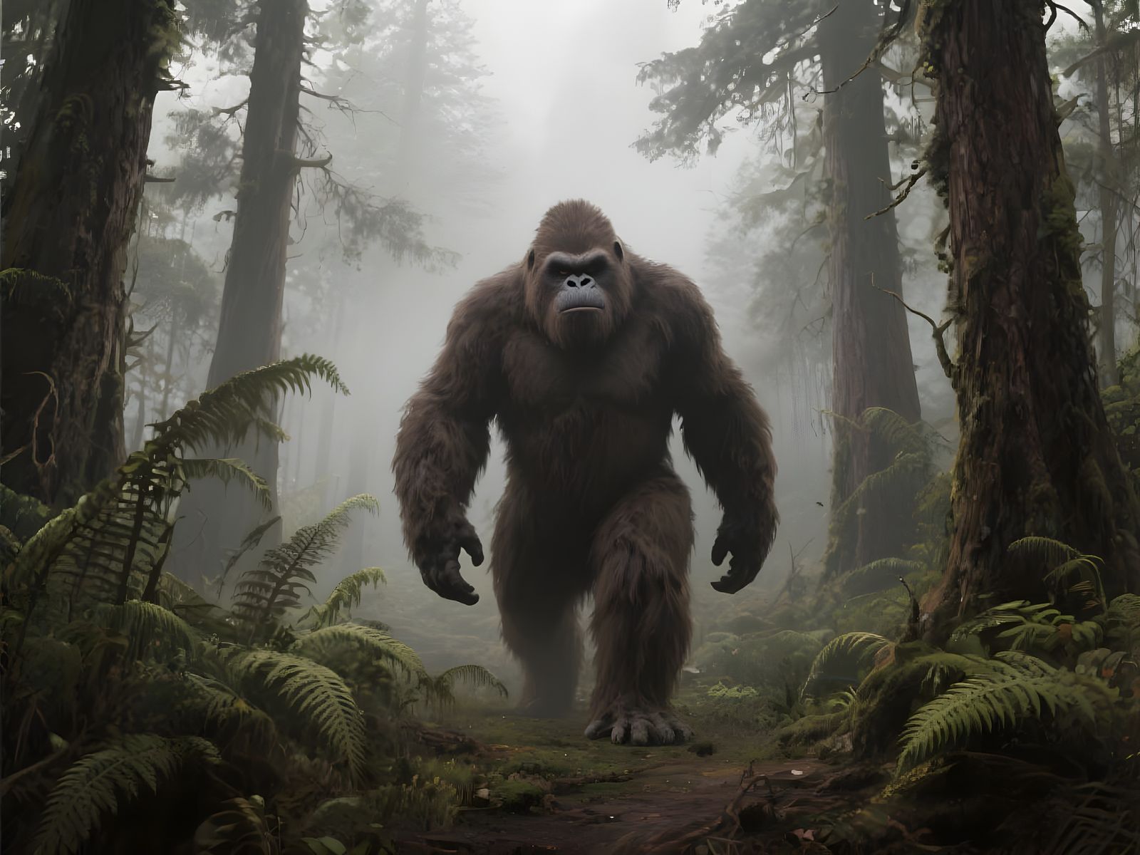 Bigfoot Wanders Misty Forest: Stalenhag Style