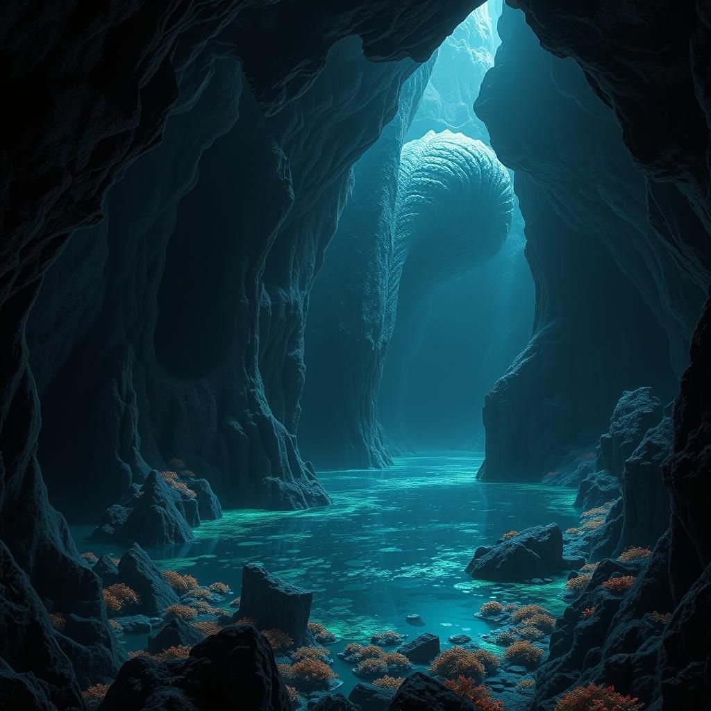 Eerie Underground Cavern with Aquatic Monster