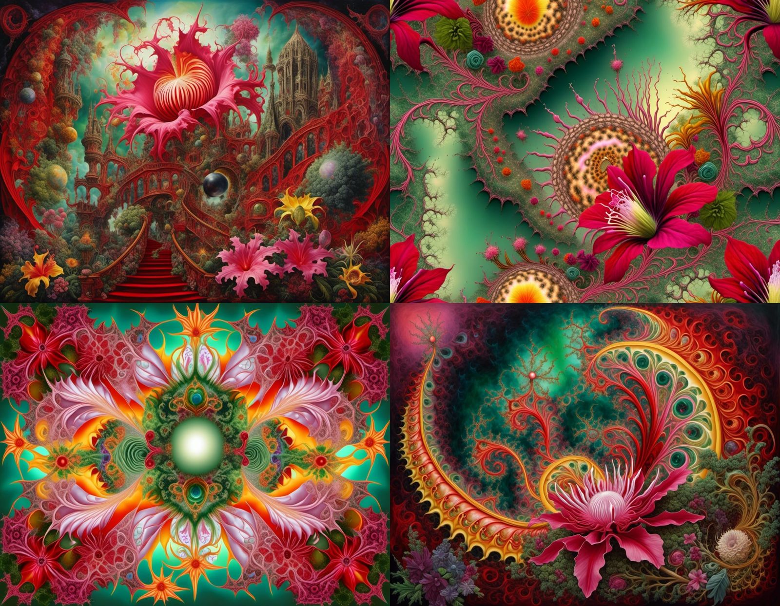 Surreal Fractal Garden of Hybrid Flowers in Reds