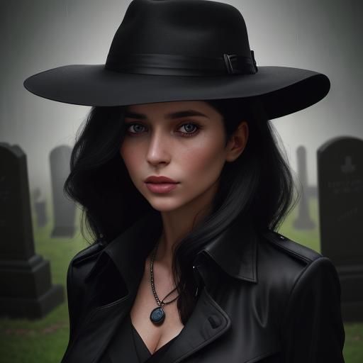 Woman in Fedora Visits Grave on Rainy Day