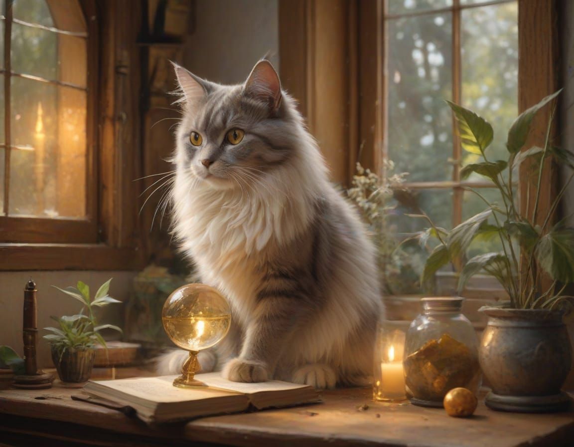 Gouache Feline in Cozy Fantasy Cottage