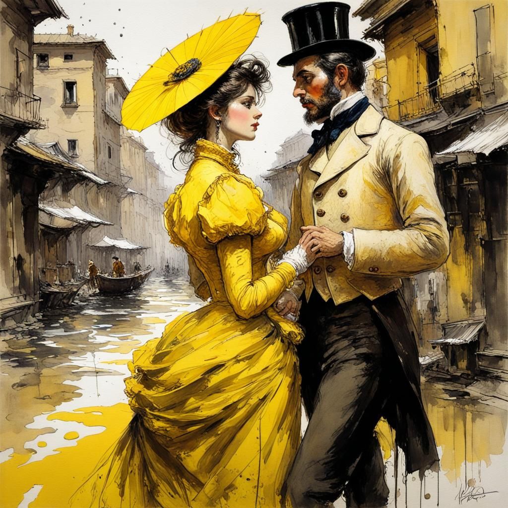 Victorian Couple in Ink Splash Art Style