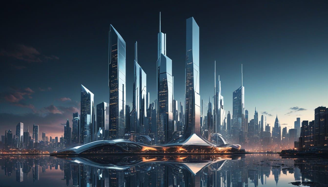 Ethereal Chrome Metropolis Ascends into Night Sky