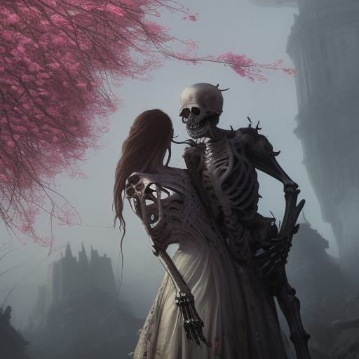 Skeletal Lovers' Embrace in Dark Fantasy Style