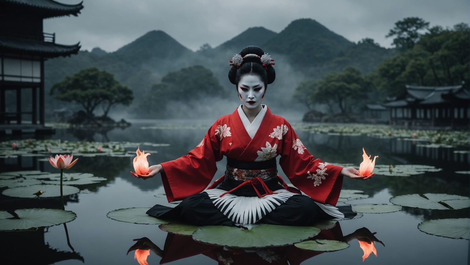 Ethereal Gothic Geisha in Lotus Pose