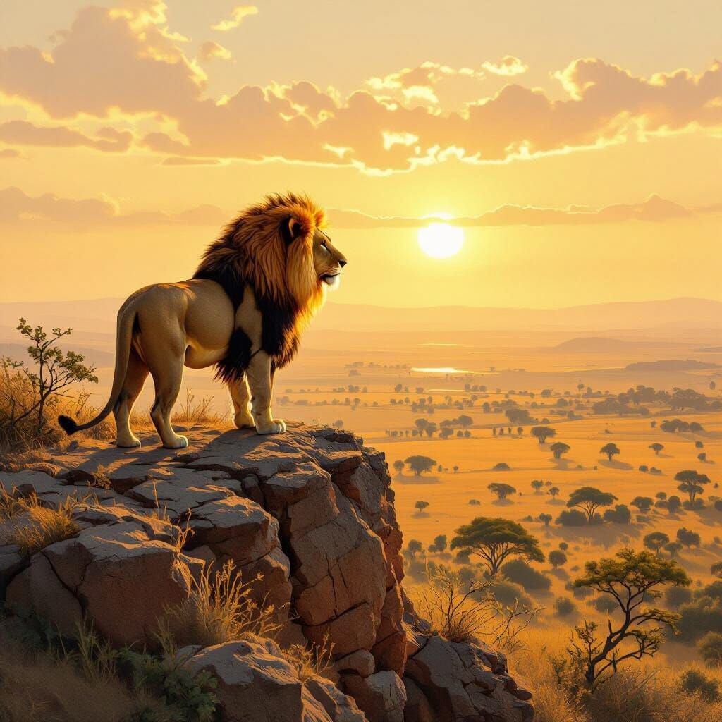 Lion Overlooking African Savanna in Landscape Painting Style