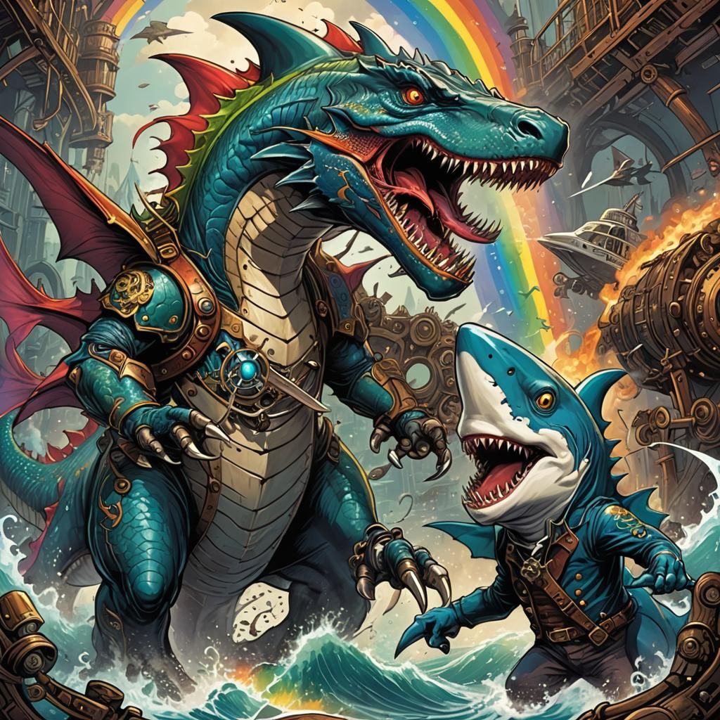 Rainbow Dragon vs Steampunk Shark Comic Art