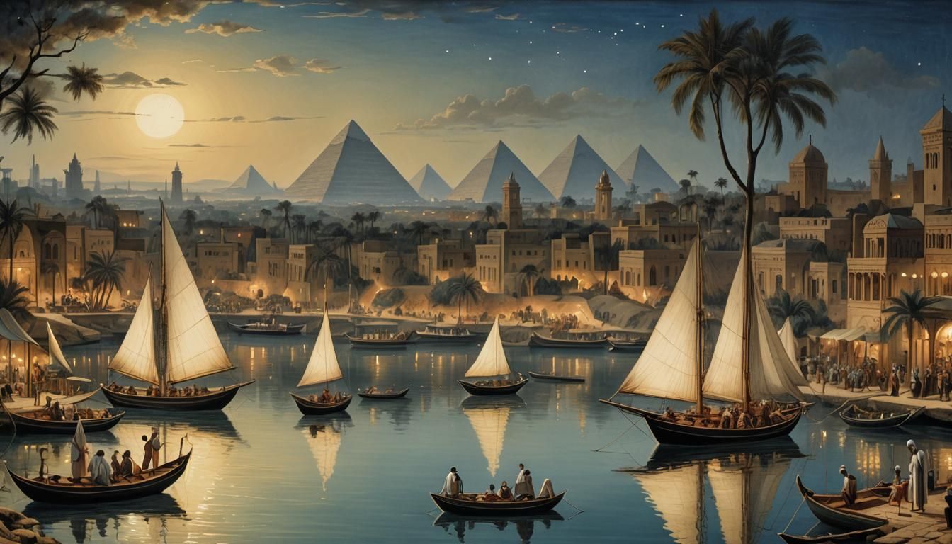 Ancient Egyptian Cityscape at Night
