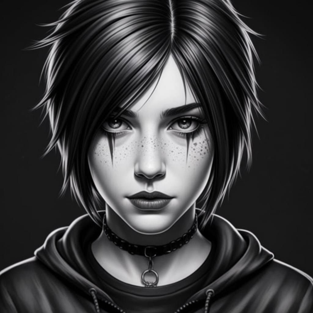 Pencil Drawing of a Young Emo Woman's Face