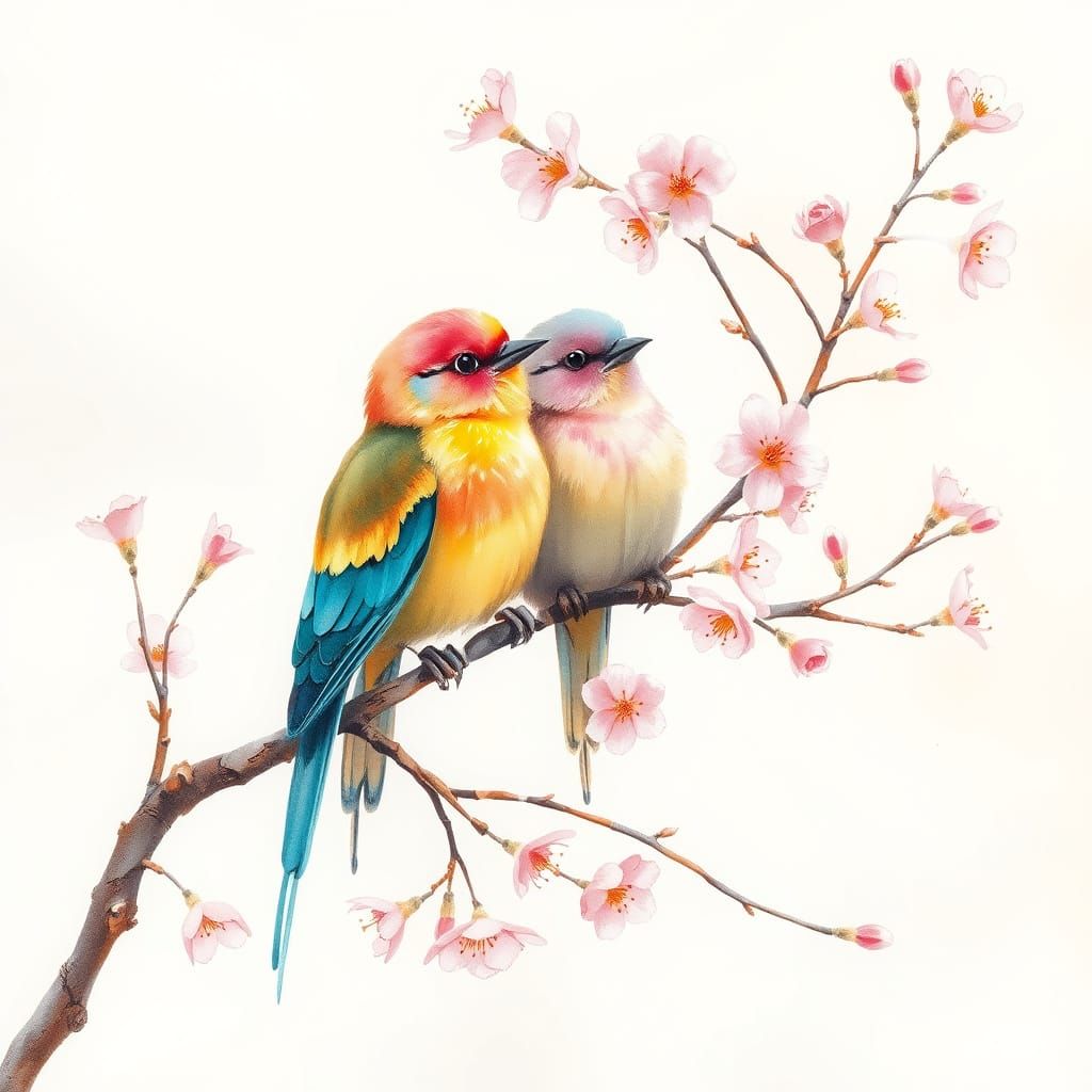 Whimsical Birds Amid Cherry Blossoms in Pastel Hues