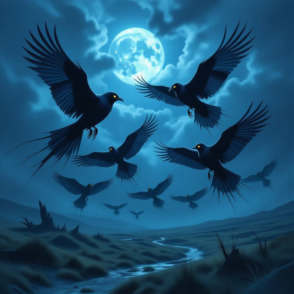Gothic Birds Soar Over Windswept Moor Under Stormy Moonlight