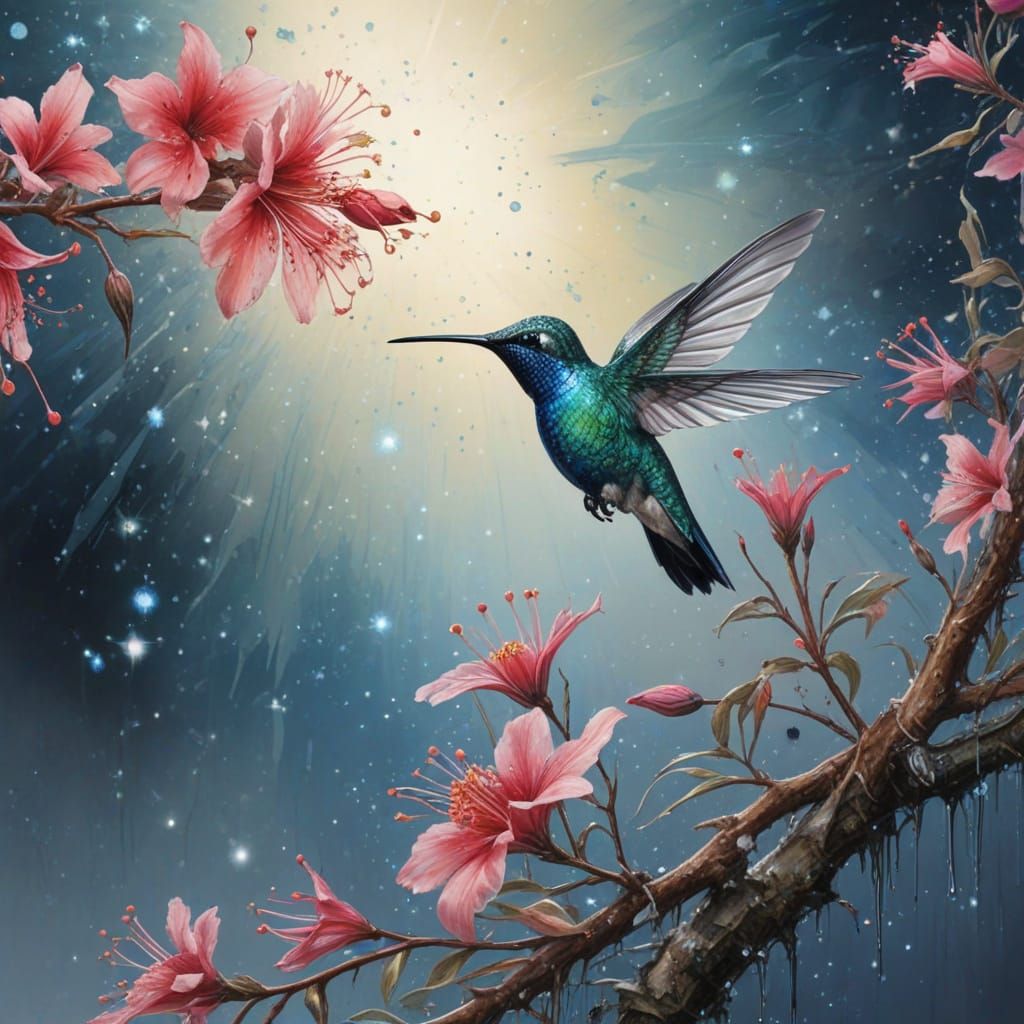 Hummingbird Before a Star-Glass Flower