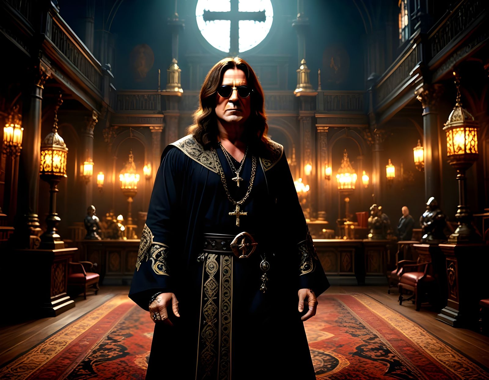 Ozzy Osbourne in Ornate Robe on Dark Stage