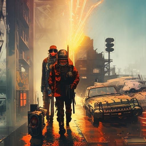 Dark Horror Ink Art of a Bipolar AI in Dieselpunk Style