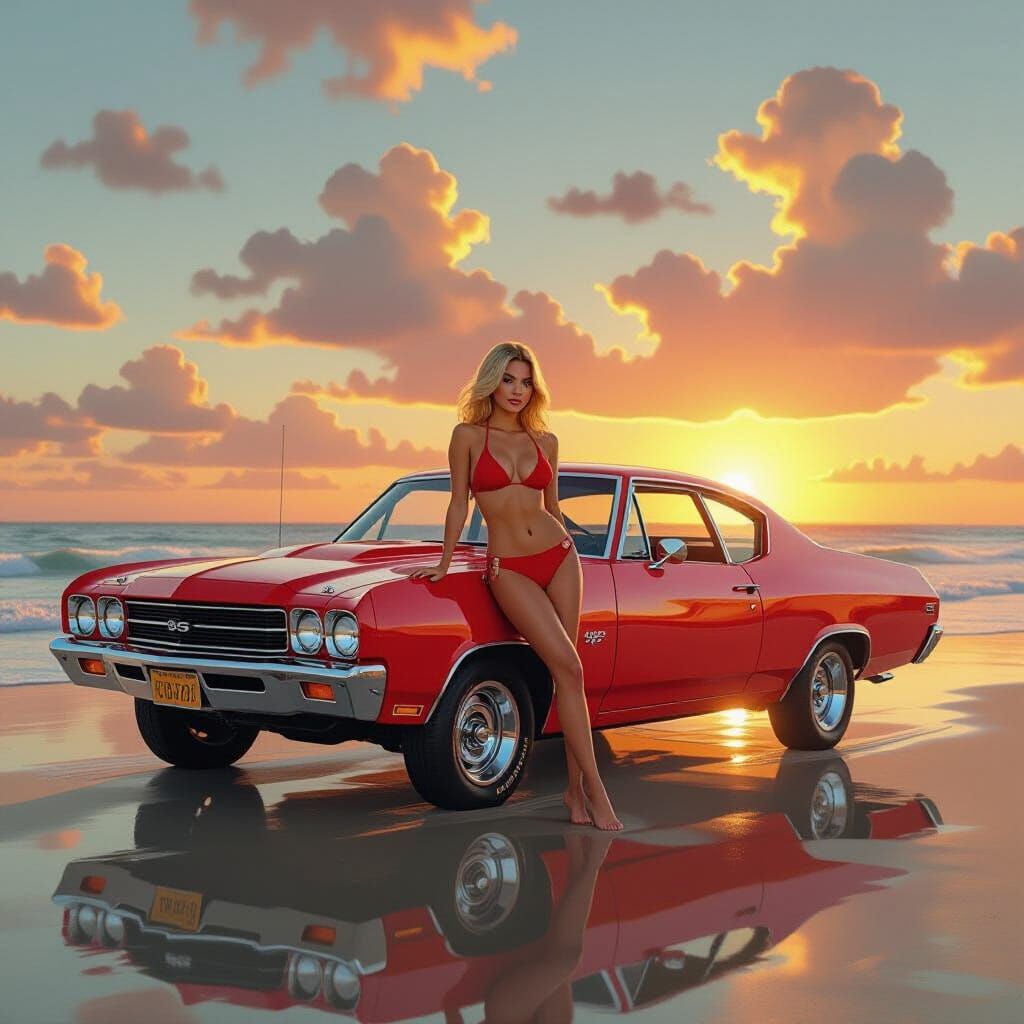 Red El Camino at Sunset: Hyperrealistic Beach Scene