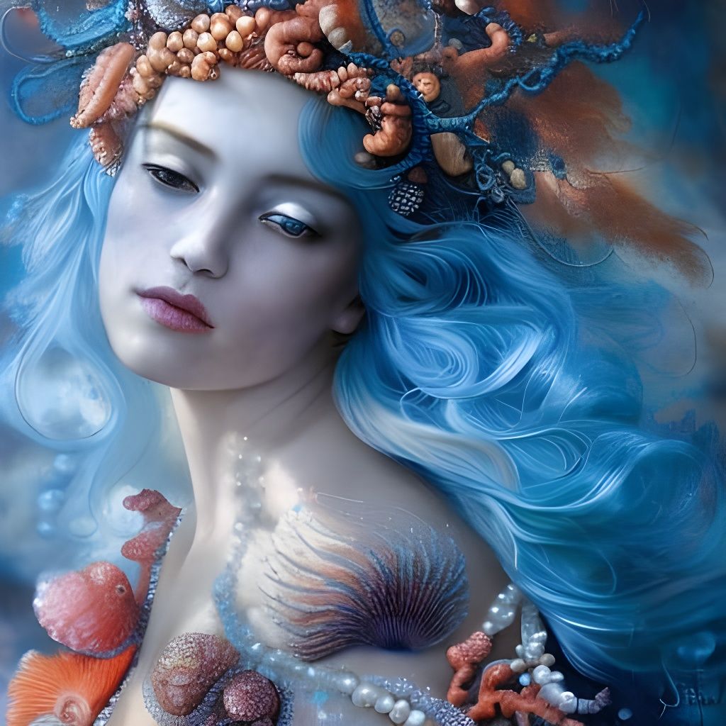 Intricate Portrait of Woman with Water Hair and Coral Crown