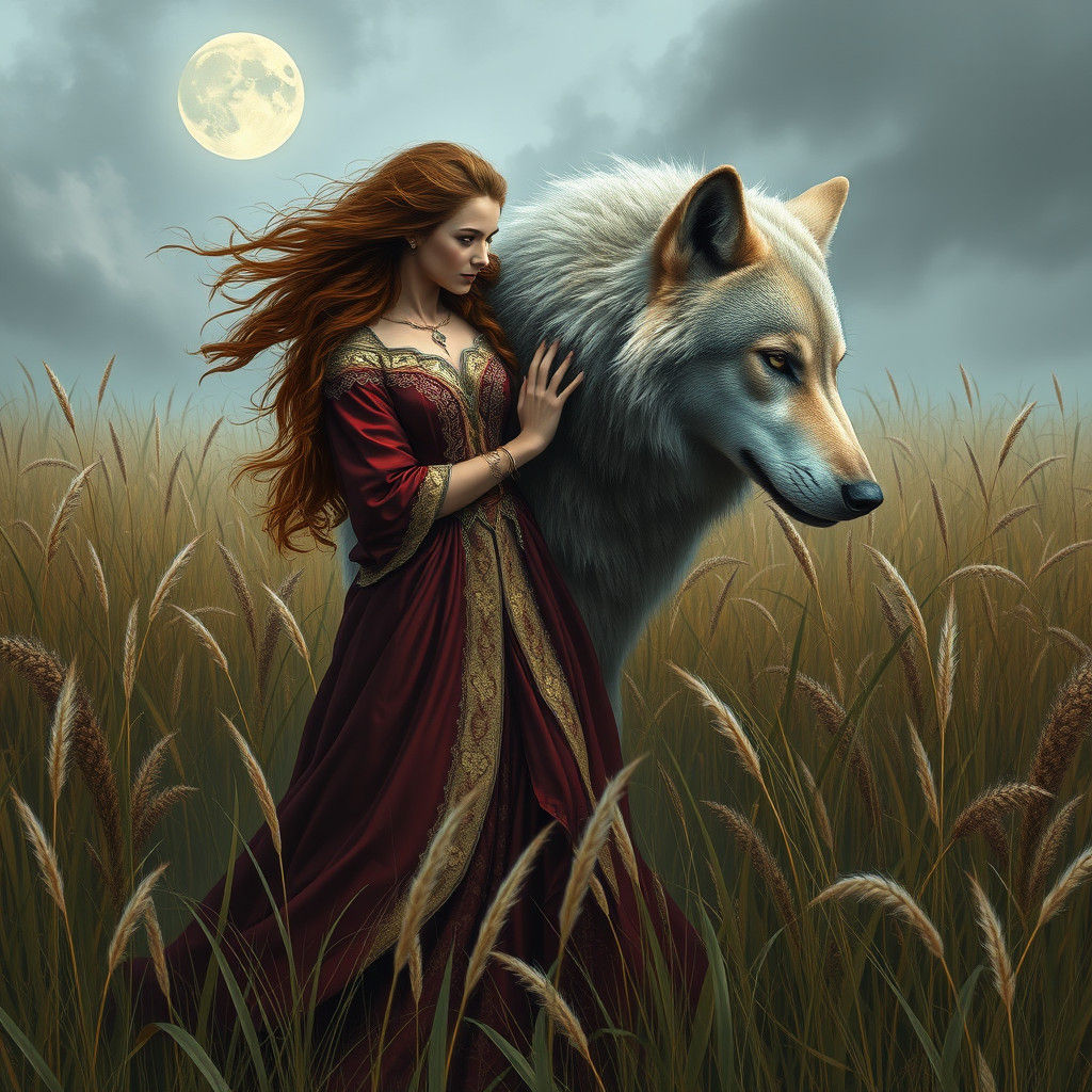 Wildling Woman and Wolf in Ethereal Landscape
