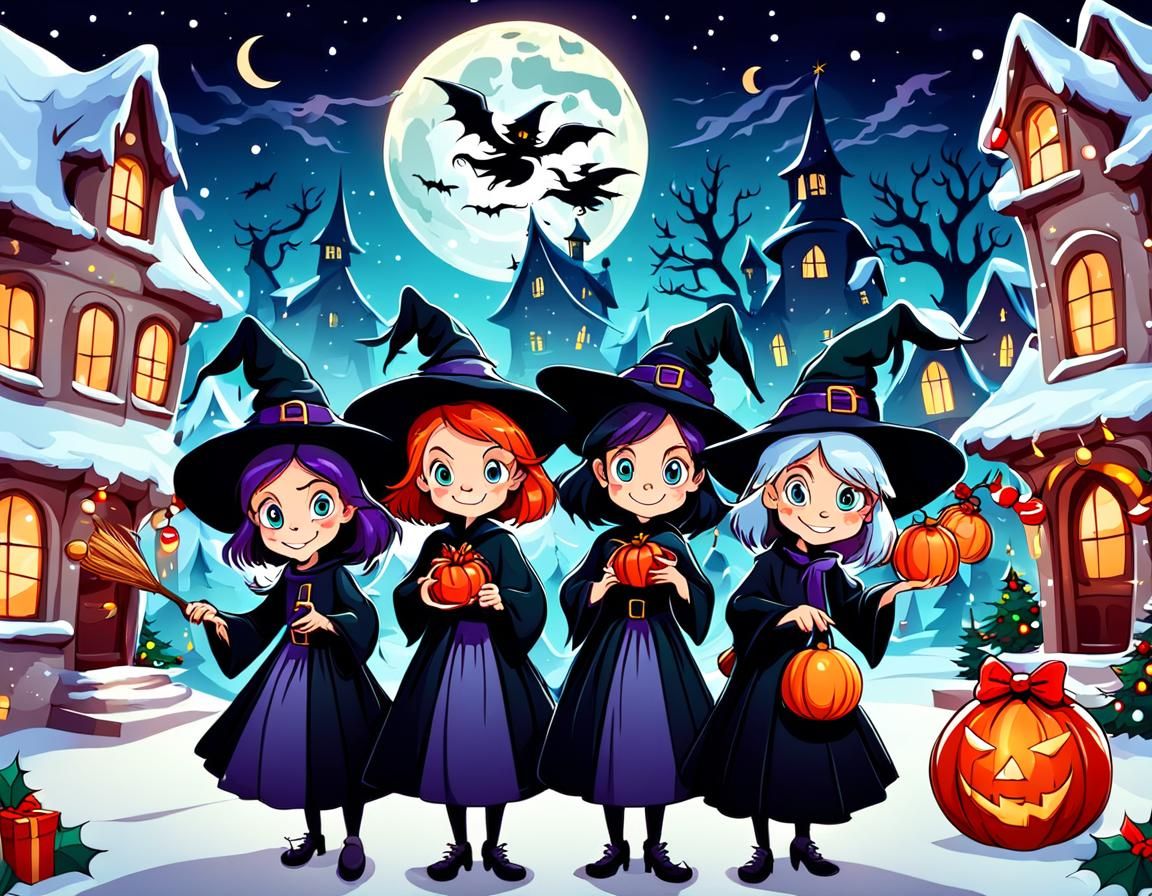 Cartoon Witches Celebrate Christmas