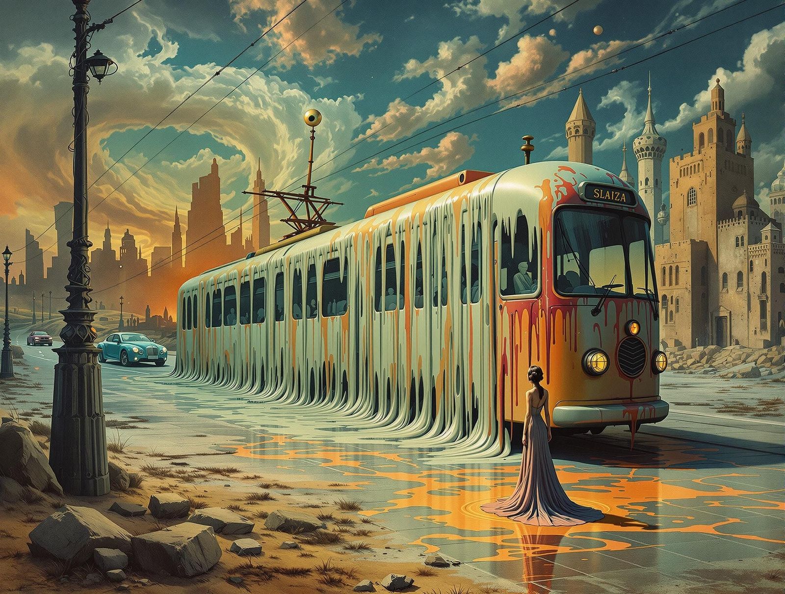 Surreal Streetcar Melting Scene in Vibrant Colors